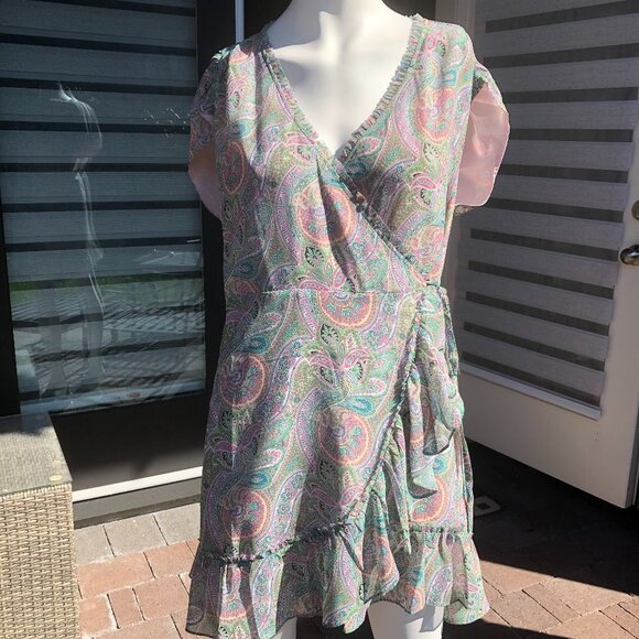 All Saints Zini Shahmina Lined Lightweight Paisley Wrap Dress Grn Pnk Sz 8 NWT - Picture 12 of 12